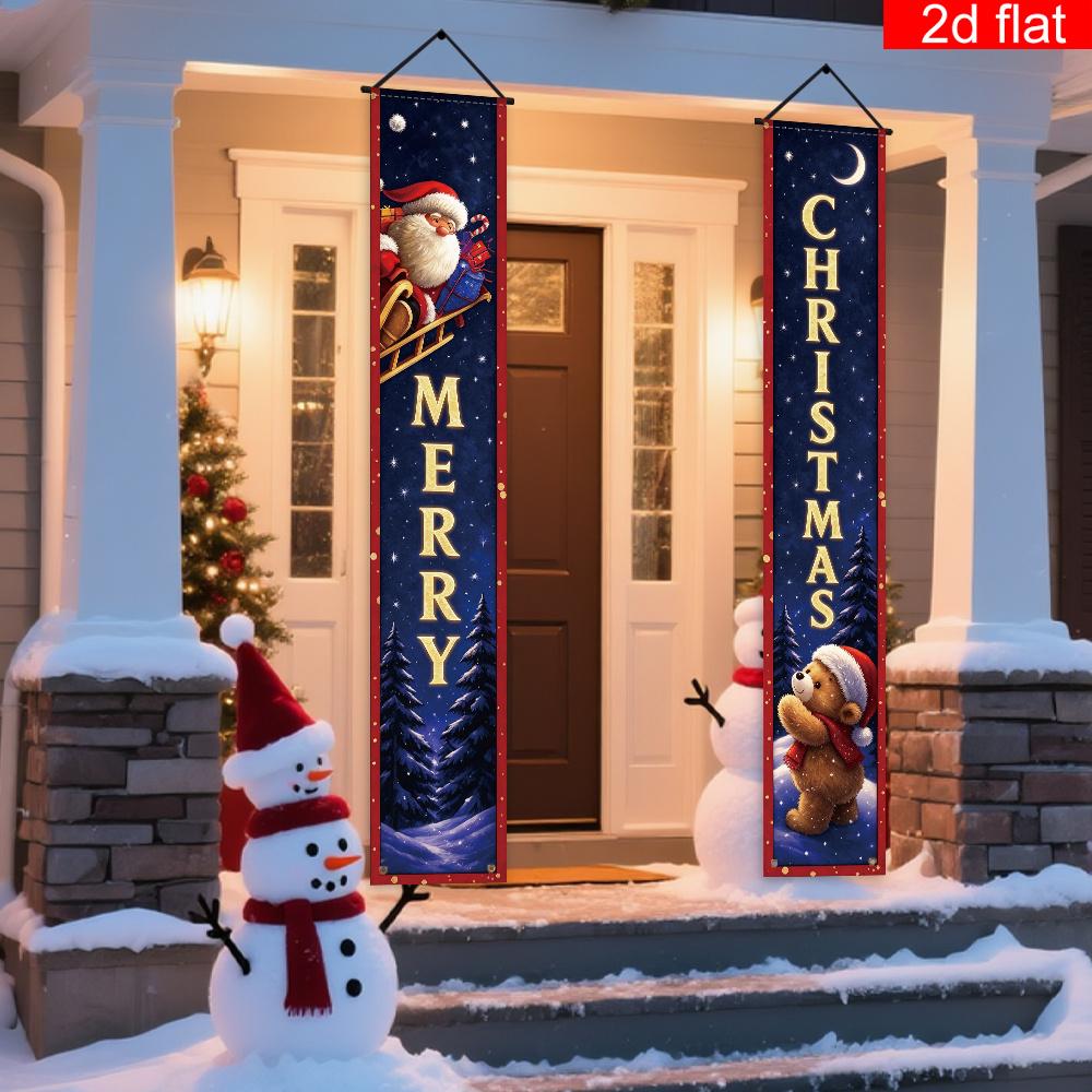 2D Flat, 2D Flat Banner, 2pcs Merry Christmas Themed Front Porch Sign Party Banner,, Dreamy Starry Sky Christmas Style, Fairy Tale Santa Claus Print,