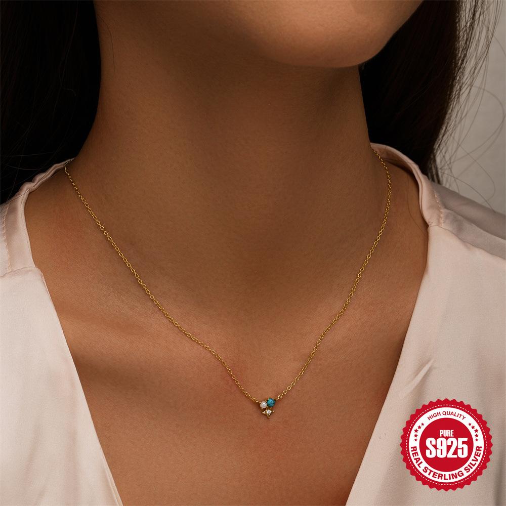 Turquoise Light Luxury Necklace Women'S Design Sense Sterling Silver Simple Tide French Temperament Advanced Sense Collarbone Chain