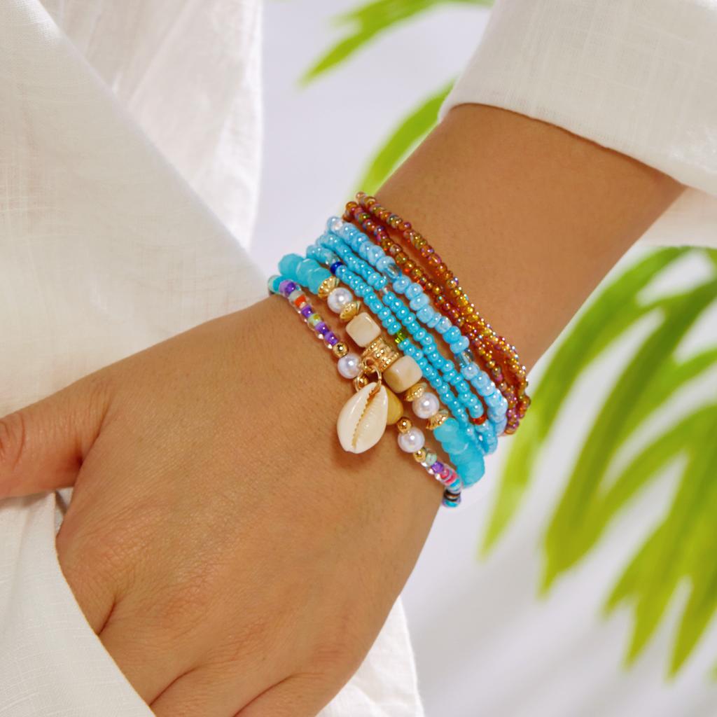 Bohemian Shell Set Bracelet Pendant Versatile Niche Design Women's Rice Bead Multi-layer Elastic Bracelet