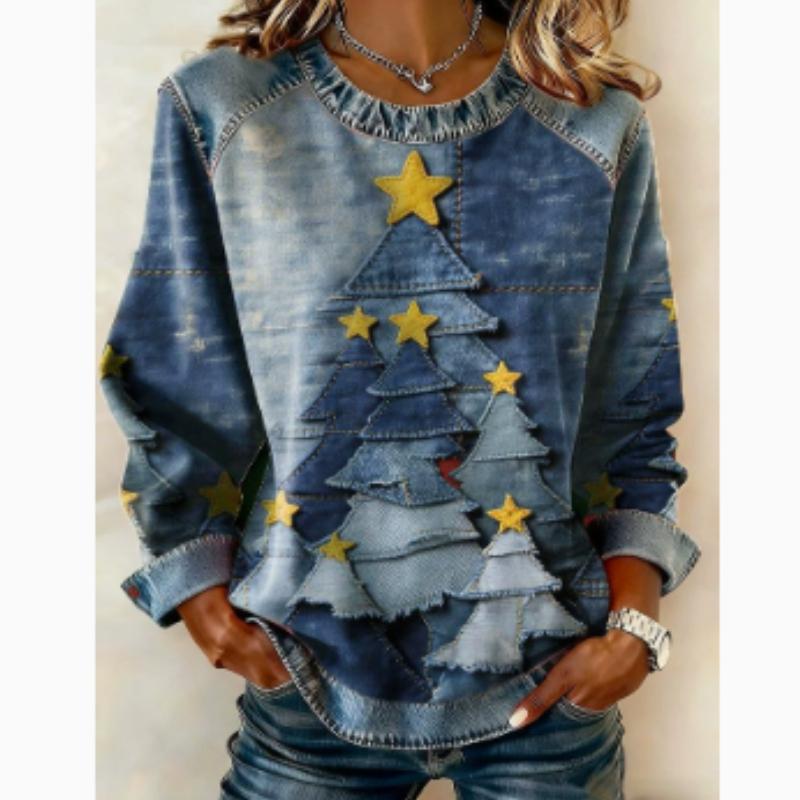 Europäische Und Amerikanische Damenbekleidung Neue Modelle Kariert Nachahmung Kunstdenim-Druck Rundhals Langarm T-Shirt( Nicht-Denim-Stoff)
