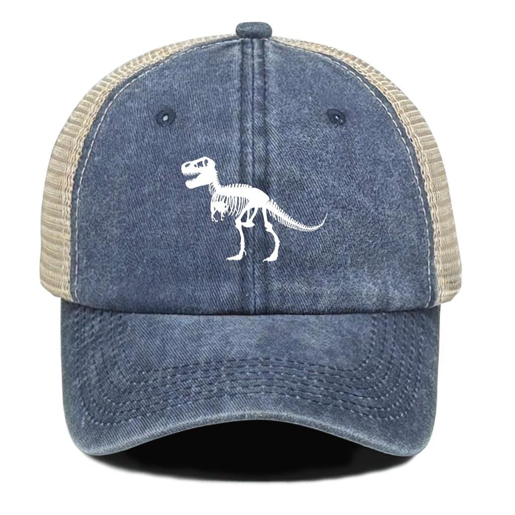 Pure White Dinosaur Print Snapback Trucker Hat, Animal Man's Cap Vintage Solid Color Non-Stretch Fabric Headwear Adjustable Baseball Cap