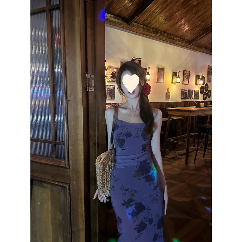 Sweet Spice Girl Purple Suspender Floral Dress Women's Summer New Seaside Vacation Show Figure Hip Wrap Long Skirt
