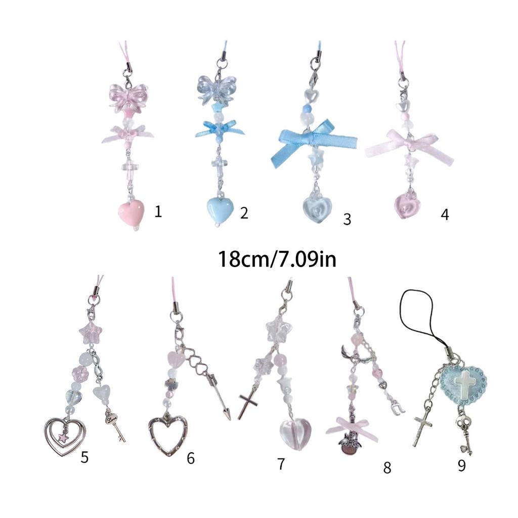 Handmade Beaded Phone Chain Sweet Bowknot Heart Cellphone Charm Stylish Keyring Pendant Keychain Women Bag Accessory