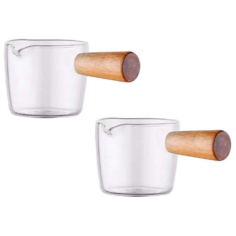 ABWR-10PCS Transparent Glass Creamer With Wooden Handle, Mini Coffee Milk Creamer Pitcher. 50Ml