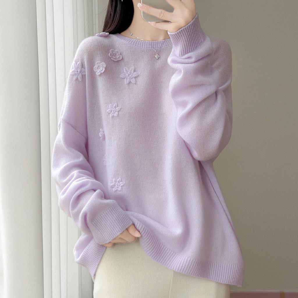 Women's Pure Wool Heavy Embroidery Knit Sweater - Autumn/Winter Loose Casual Round Neck Top