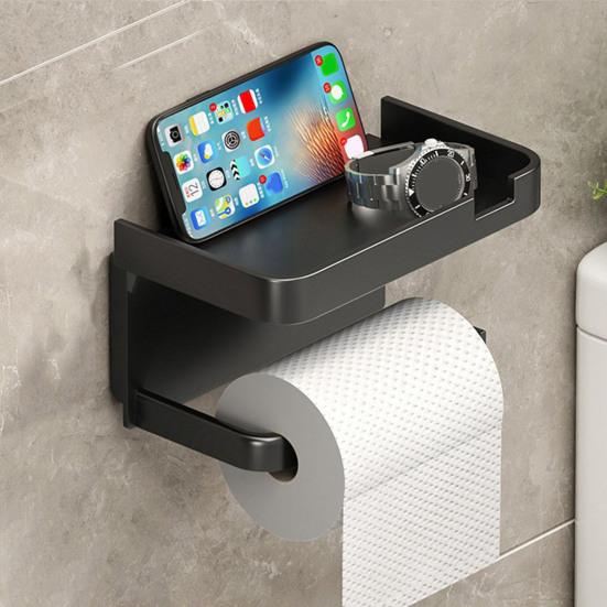 Porta carta igienica con ripiano portaoggetti, robusto, facile da installare, rotolo di carta autoadesivo