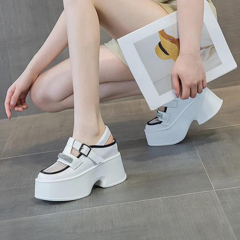 Fashion 11cm New Women's Genuine Leather Sandals Height Increasing Wedges Net Yarn Roman Style Hole Shoes Square Head Cool Trendy