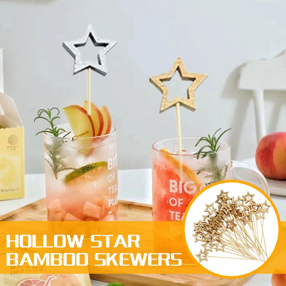 50Pcs Hollow Star Bamboo Skewers Disposable Insert Decor Fruit Buffet Toothpick Cocktail Stick Picks Party Christmas D2C7