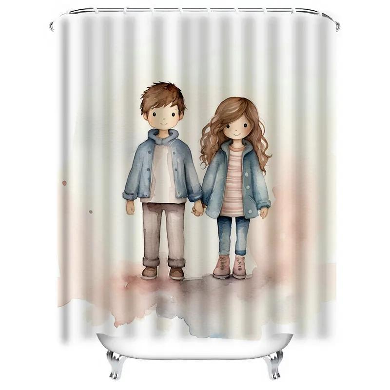Simple and Elegant Cute Couple Shower Curtain - Watercolor Design, Waterproof & Mildew-Resistant for Bathroom Decor