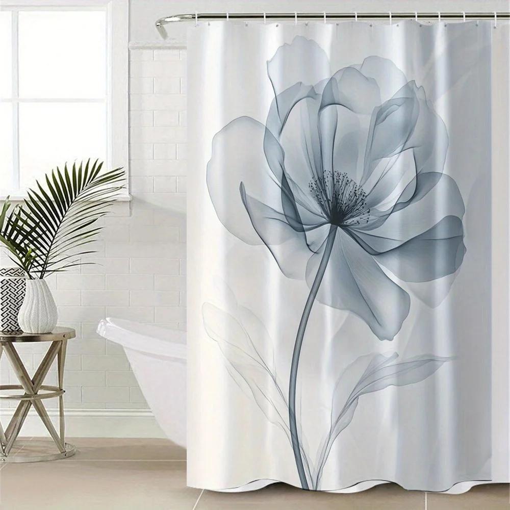 1pc Digital Print Floral Polyester Waterproof Bath Divider with Hooks, Woven Water-Resistant Bathroom Drape, All-Season Decor