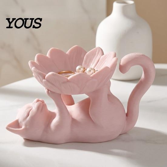 Unique Home Decor 3D Printed Lazy Lying Cat Lotus Jewelry Tray, Cute Figurine Office Desk Storage Trinket Dish, Desktop Catchall for Rings Earrings