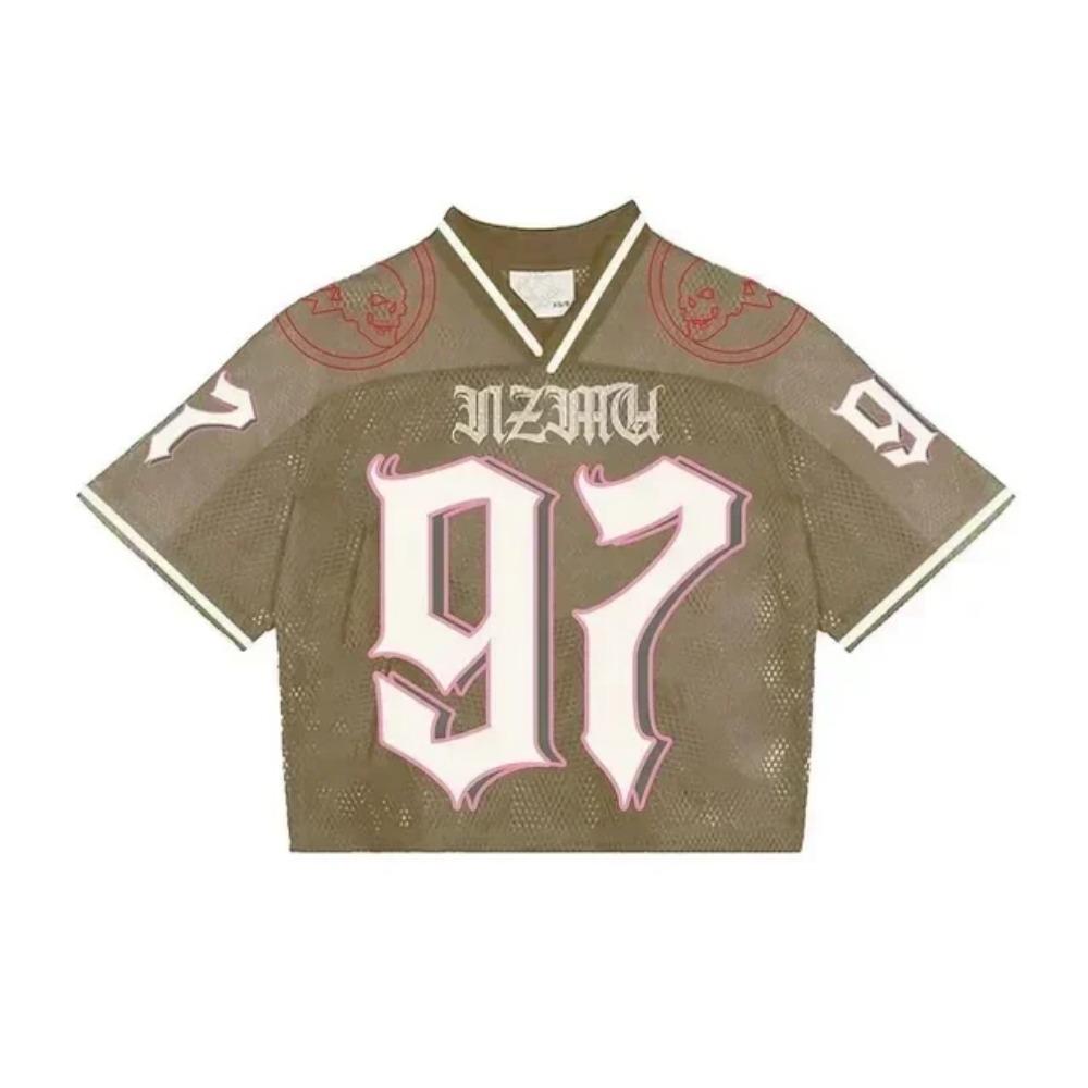 RogueWave Streetwear Jersey Y2K Clothing Mens Hip Hop Letter Graphics Oversized TShirt Punk Rock Breathable V Neck Short Sleeve Tops