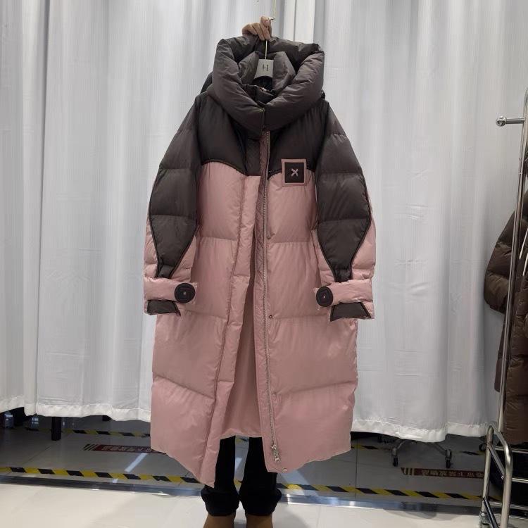 Winter Kontrastfarbe Baumwollgepolsterte Jacke Damen Übermantel Lang Brot Kleidung Koreanisch Kapuze Locker Dick Warm Parka