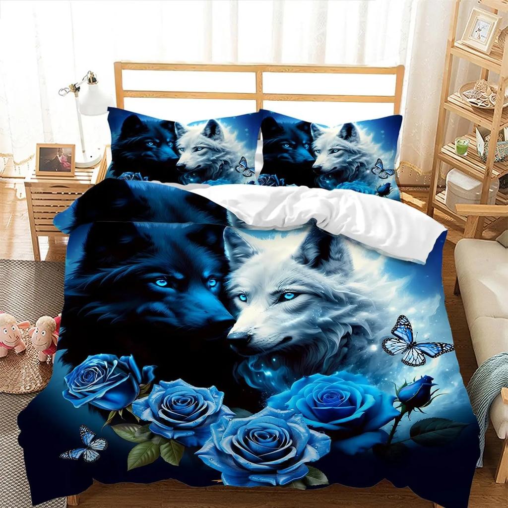 Snow Wolf Duvet Cover Set Full Queen Night Galaxy Starry Wolf Comforter Cover Wild Animals Wolf Themed Bedding Set 2/3 Pieces