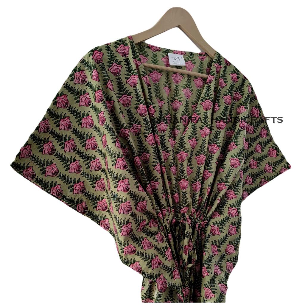 Damen Blumenmuster Hippie Grün Baumwolle Maxi Strandüberwurf Zigeuner Kaftan Kleid CKFTN-SCRN-FULL-BUYIT-153
