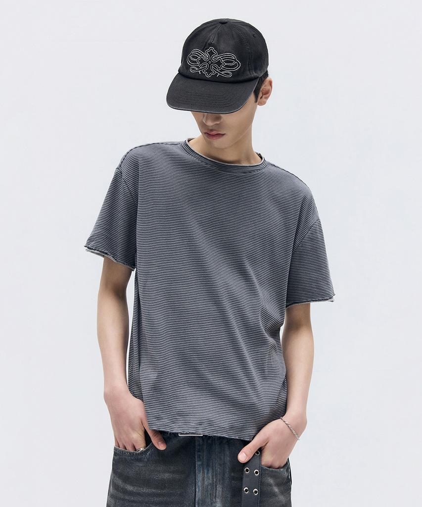MAISON MINED Stripe Layered Half T Charcoal