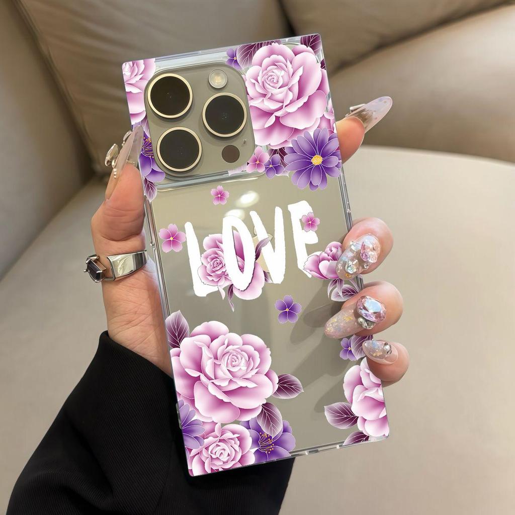 Transparente quadratische Rückseite Röhrenhülle Schutz für iPhone 13 12 11 14 Pro Max 15 Plus 16 ProMax Anti-Sauerstoff, Rosa Rosen Muster Hülle