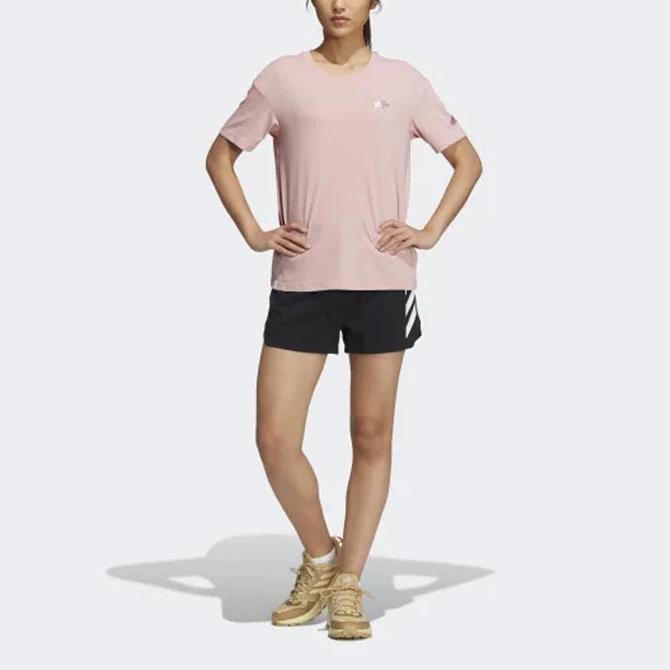 adidas Letter Logo Printed Round Neck Short Sleeve T-Shirt Women Tops Pink HE7340