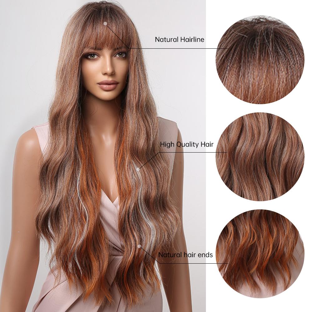 ALAN EATON Ombre Braun-Blond-Mischperücken mit Pony, lang, lockig, gewellt, Kunsthaarperücken für Frauen, hitzebeständige Faserperücken, für den Alltag, Partys, Cosplay