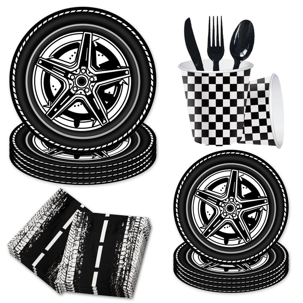 Tire-Themed Party Tableware, Paper Plates, Paper Towels, Birthday Supplies, Racing Disposable Birthday Party Sets.