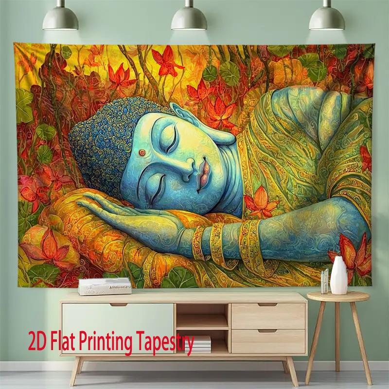 2D Flat, Colorful Sleeping Buddha Lotus Tapestry Wall Hanging For Meditation Yoga Room Decor Spiritual Art Print Home Decoration