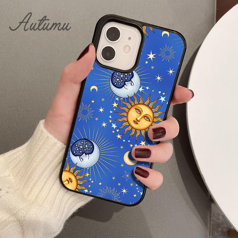 Blue Sun and Moon Phone Case for iPhone 11 12 13 14 Pro Max Mini X XR XS SE 2020 6S 7 8 Plus Samsung Galaxy S21 S22 Cover Shell