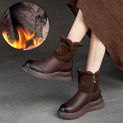 Solid Color Thick Plush Warm Flat Short Boots Versatile Genuine Leather Soft Soled Women's Boots