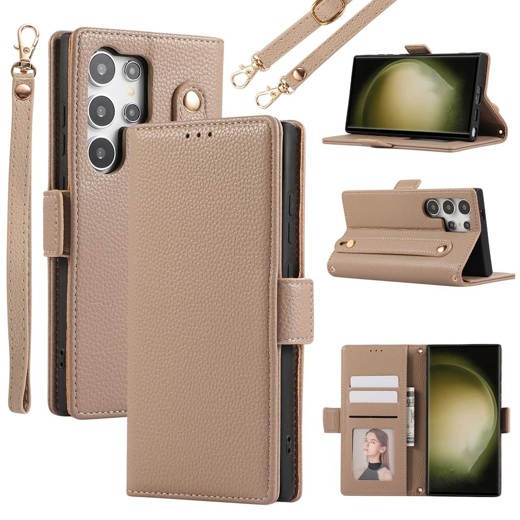 For Samsung Galaxy S23 Ultra Leather Case with Card Holder, Straps, Shockproof Wallet Phone Cover