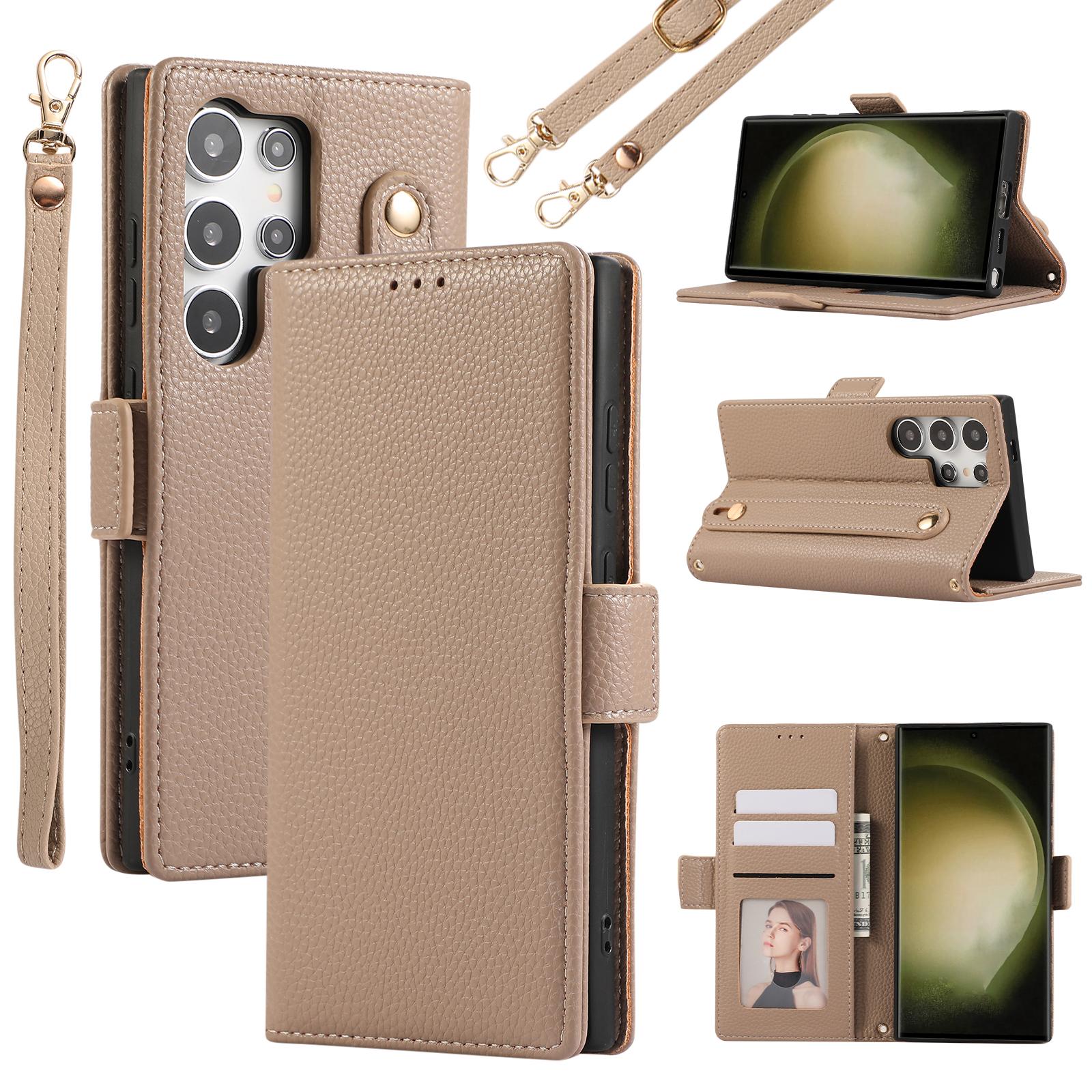 

For Samsung Galaxy S24 Ultra Leather Case with Card Holder,Straps,Shockproof Wallet Phone Cover Khaki