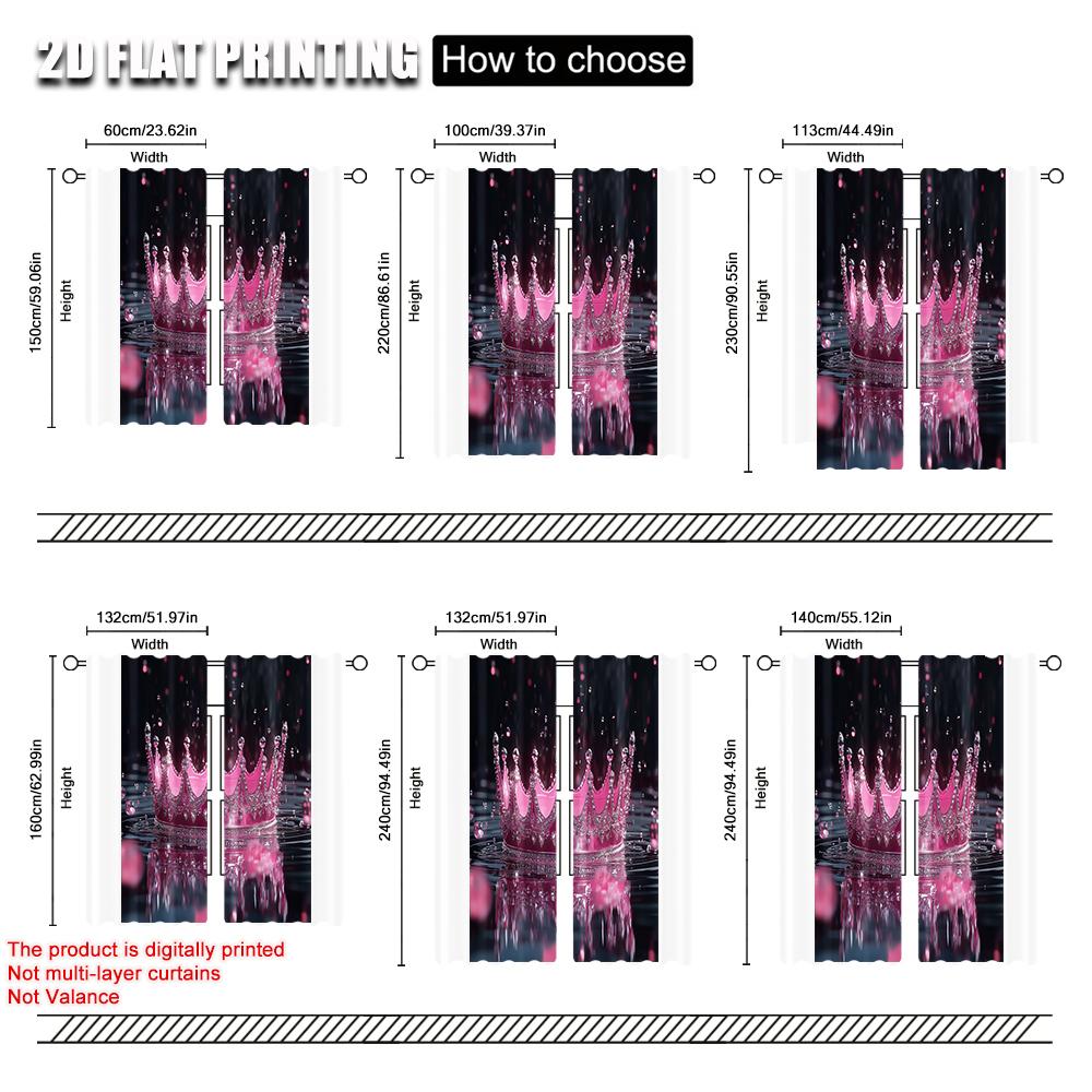 2pcs, Curtains 2D plane printing Pink Princess Crown Window Polyester Easy Install (without rod) Decorations Outdoor Use for