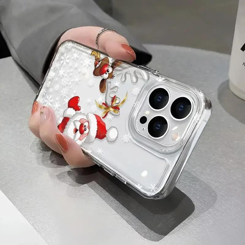 Christmas Reindeer and Santa Claus Clear Case for iPhone 16 11 12 13 14 15 Pro Max Xs XR 8 Plus Ultra Thin Soft Silicone Cover