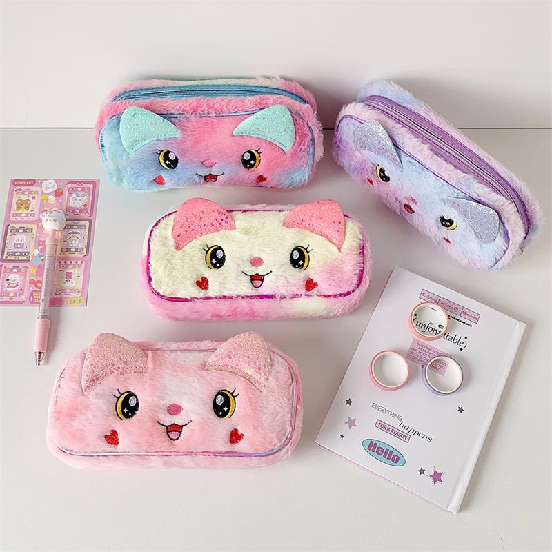 Cute Big Eyes Cat Animals Plush Pencil Cases Large Capacity Cosmetic Bags Portable Travel Storage Bag Student Stationery Gifts