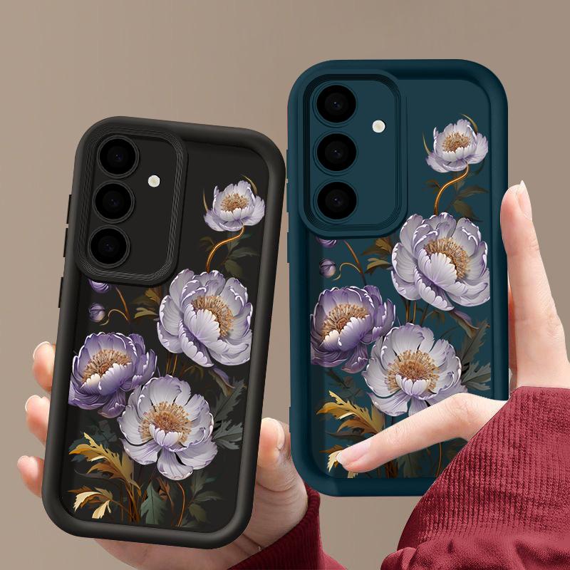 Purple Flower Pattern Shockproof Back Cover for Samsung S25 S24 S23 S22 Ultra A15 A55 A35 A34 A06 A05 A53 A54 Silicone Soft Lens Protection Matte Case