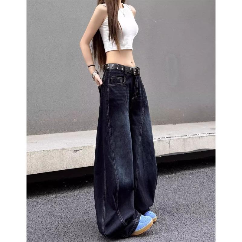 Women's American Vintage Embroidered Curved Blade Jeans High Street Washed Distressed Loose Wide Leg Pants