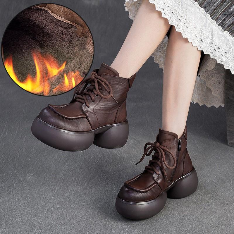 Johnature Botines cortos de felpa de estilo británico retro de cuero genuino con suela gruesa, zapatos de plataforma versátiles para mujer