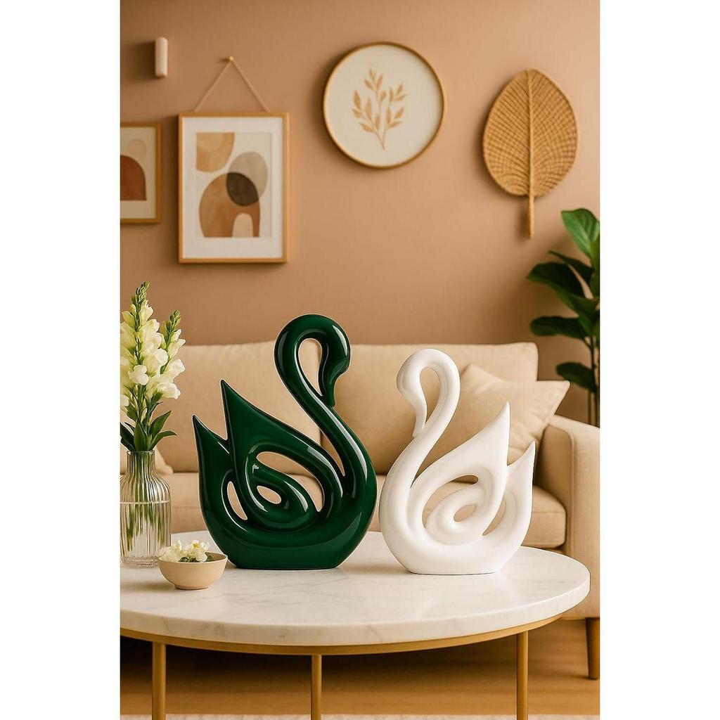 Home Decor Lucky Swan Couple, Green White, Piano Finish Ceramic Figures(Set of 2 Pc, )