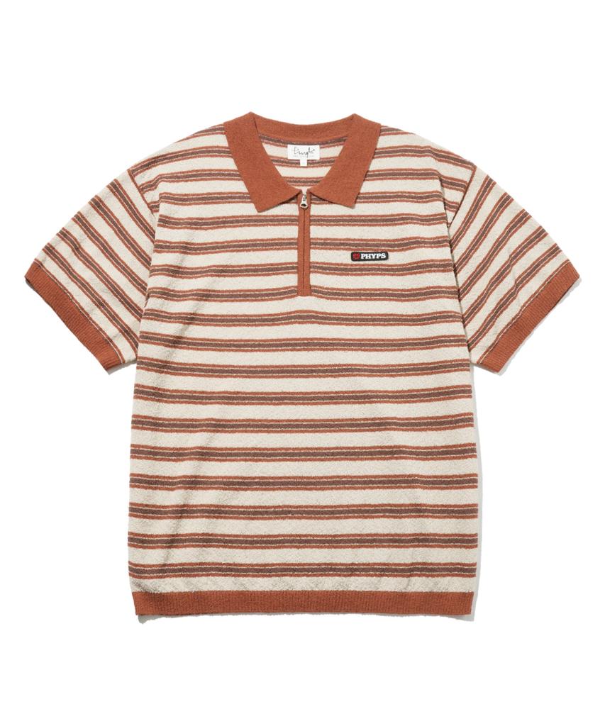PHYSICAL DEPARTMENT Striped Short Sleeve Collared Knit_Orange