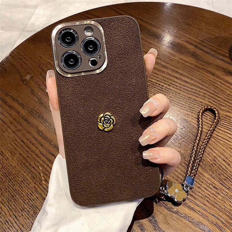 Luxury Lunar Crater 3D Camellia Leather Strap Phone Case For iPhone 15 14 13 12 11 Pro Max Plus + X XS XR Fall Dirt Resistant