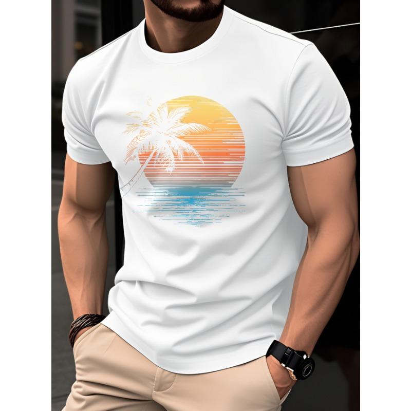 Men's Summer Casual Fashion Sunset Palm Tree Print Crew Neck Short Sleeve T-Shirt