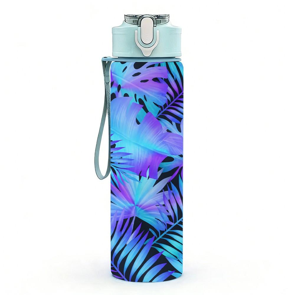 1PC Tropical Blue Palm Leaf Art 750ml Color Plastic Sports Water Bottle Leakproof Flip Straw Lid Suitable for Sports Office Home Use
