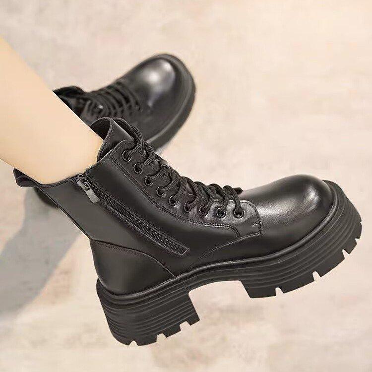 New thick-soled black Martin boots autumn and winter British style thick heel short boots small height-increasing boots