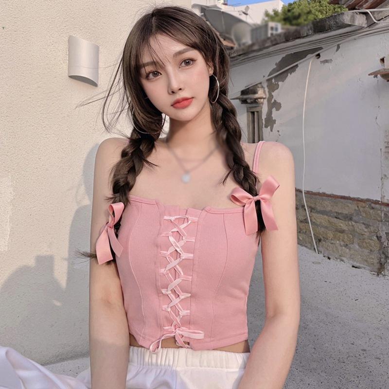 

Летняя женская верхняя одежда с бретельками, жилет с веревочным дизайном, короткая вязаная майка без рукавов One Size розовый