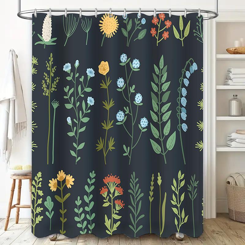 Waterproof Fabric Shower Curtain With Floral Design For Bathroom Decoration Dark Green Background, Multicolor Flowers Size Custo