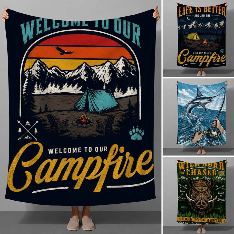 Vintage Outdoor Camping Hunting Fishing Adventure Throw Soft Flannel Throw Blanket for Couch Bed Sofa Warm Cozy All Season