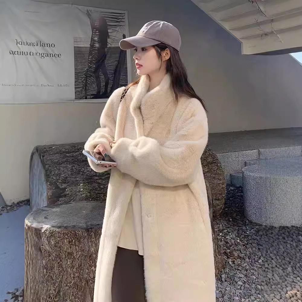 Autumn and winter thickened long stand-up collar mink hair mink fur integrated fur environmentally friendly fur jacket women's coat