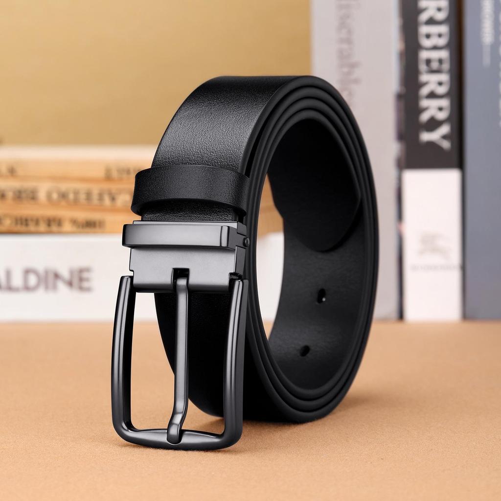 Men's Genuine Leather Minimalist Black Belt with Pin Buckle - Adjustable Fashion Trend
