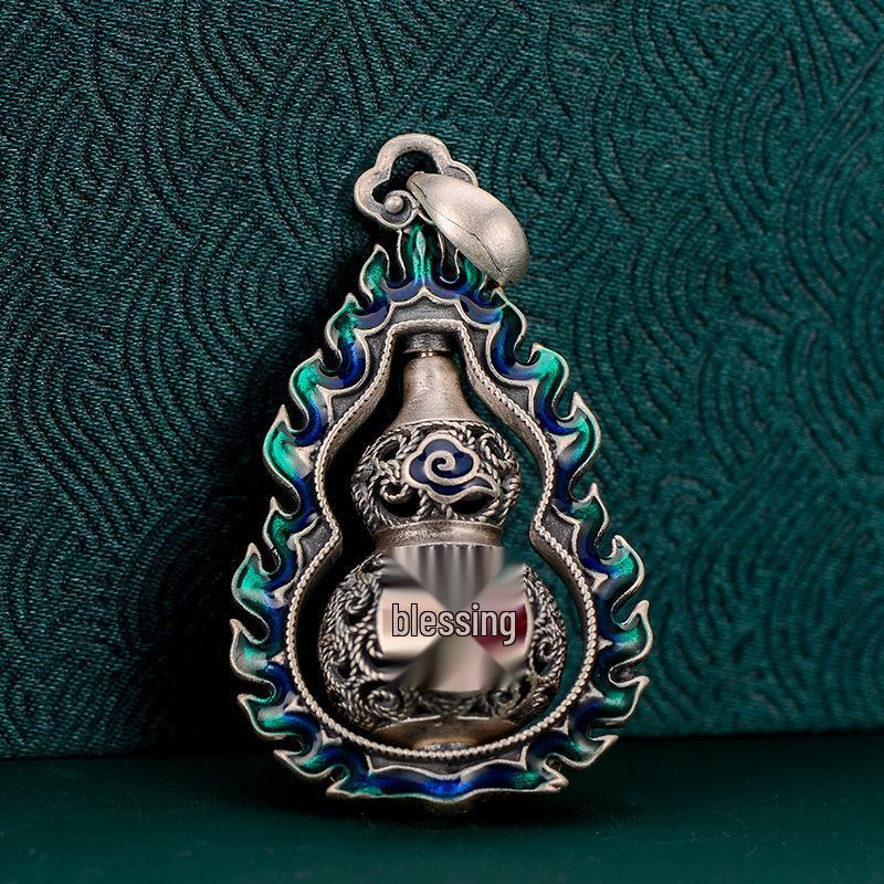 Retro Ethnic Style Women's Sterling Silver 999 Fu Character Enamel Filigree Pendant Necklace