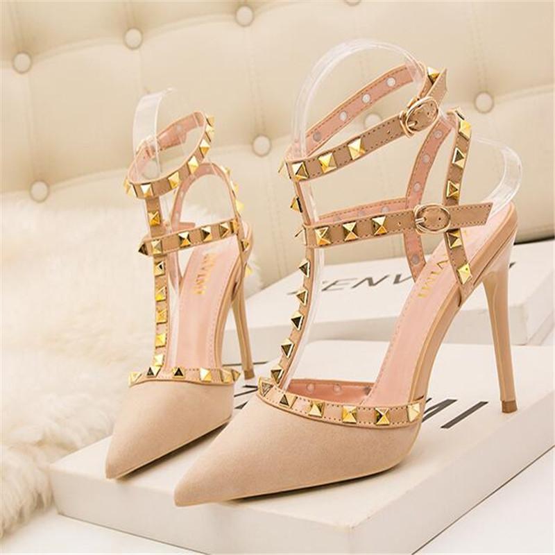 Fashion 10CM PUMPS 2025 Sexy slim stiletto nightclub women's shoes high-heeled shallow mouth pointed hollow rivet Roman sandals