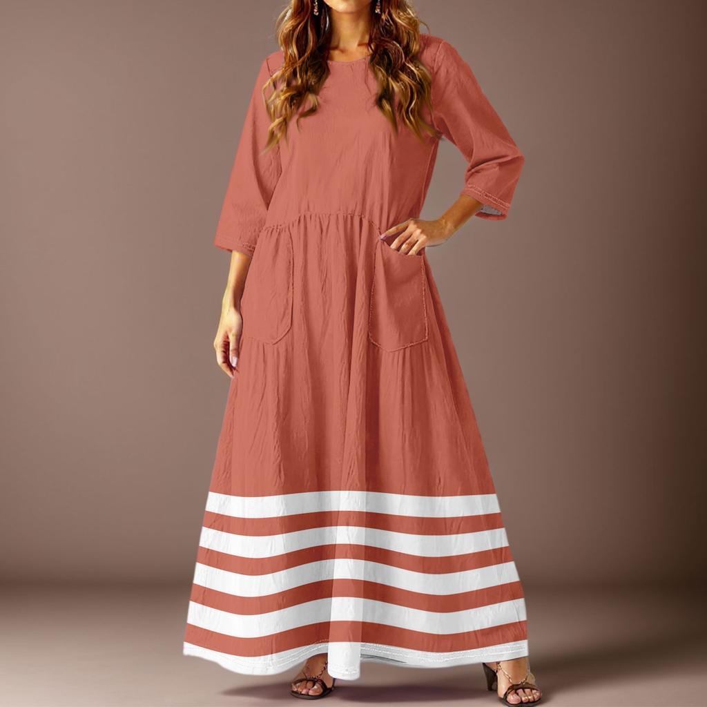 Women's Casual Fashion Striped Printed Three-quarter Sleeve Pocket Long Dress