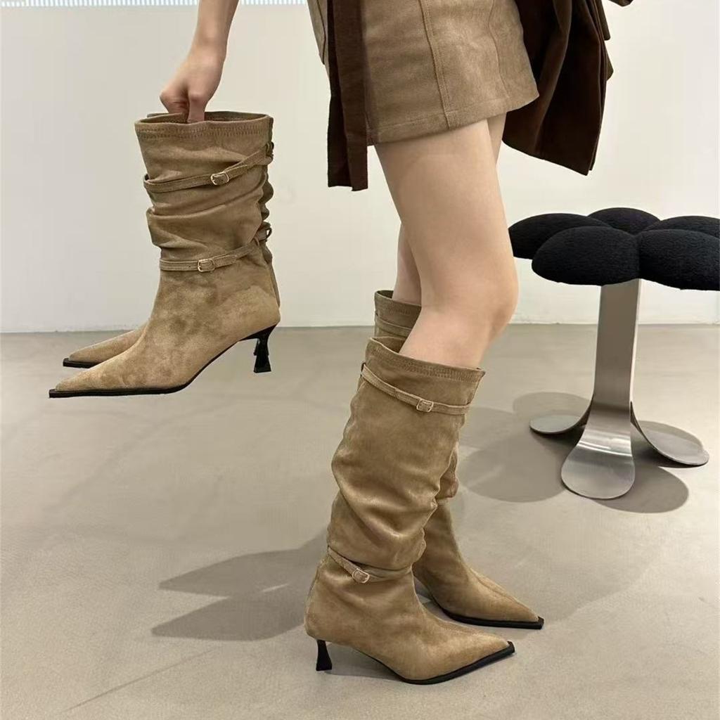 Pointed High Heel Khaki Pile Boots Women's Boots 2025 Autumn/Winter Skirt Skinny Knight Medium Boots
